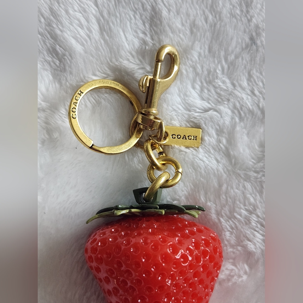 Red Strawberry Keychain with Gold Hardware Luxury Logo Bag Charm - Picture 3 of 8